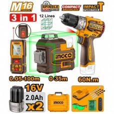 Set masina de insurubat si gaurit 60N.m+nivela laser pe acumulator 16V 2*2.Ah INGCO COSLI250101