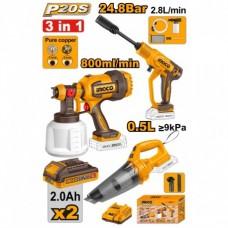 SET Pulverizator+pistol de spalat cu presiune+aspirator pe acumulator 2*2.0Ah INGCO COSLI230522
