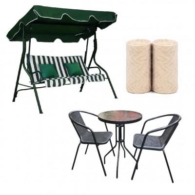 Leagan de gradina Verde cu Dungi Albe+Set masa si scaune+2 cuverturi 200x230