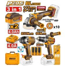 Set din 3 scule cu acumulator 20V/2*4.0Ah INGCO COSLI251292